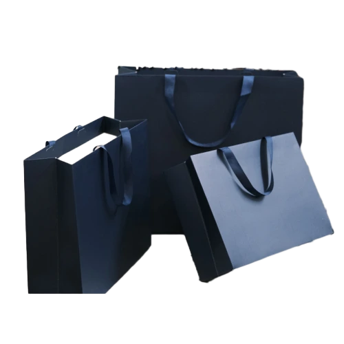 Coated Art Paper Bags-With Wide Satin Ribbon Handles, Matte Black Navy Luxury Gift Bags For Custom Logo Brand Packaging