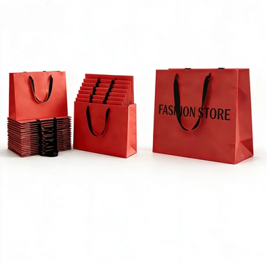 Coated Art Paper Bags-With Black Wide Satin Ribbon Handles, Multi Color Matte Fashion Store Custom Logo Shopping Tote Bags
