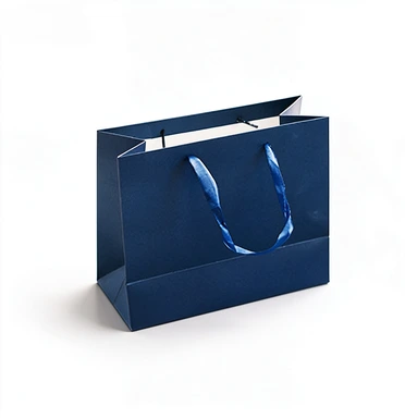 Coated Art Paper Bags-With Matching Navy Blue Satin Ribbon Handles, Multi-size Gloss Dark Blue Gift Shopping Bags For Cosmetic Boutique