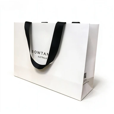 Coated Art Paper Bags-With Black Wide Satin Ribbon Handles, Custom Printed Logo White Gloss Shopping Tote Bags For Fashion Brand