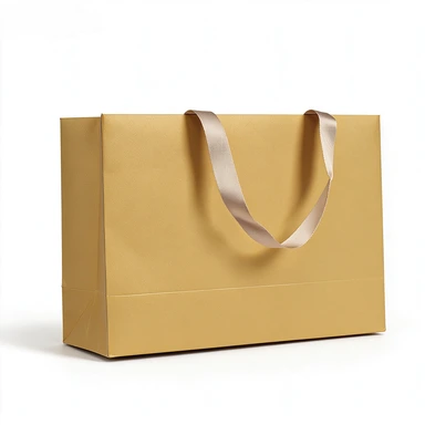 Coated Art Paper Bags are made of thick glossy coated art paper with matching champagne satin ribbon handles and rigid reinforced square bottom. Available in solid red, black, gold, navy and light beige colors. They can be flat folded to cut shipping cost. Custom printed logos and patterns are supported for beauty, clothing and wedding gift bulk wholesale orders.