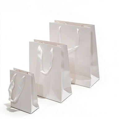 Coated Art Paper Bags-With White Satin Ribbon Handles, Glossy Plain White Luxury Gift Shopping Bags For Custom Logo Print