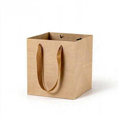 Coated Art Paper Bags-With Matching Satin Ribbon Handles, Square Cube Glossy Gift Bags For Cosmetic Jar Packaging