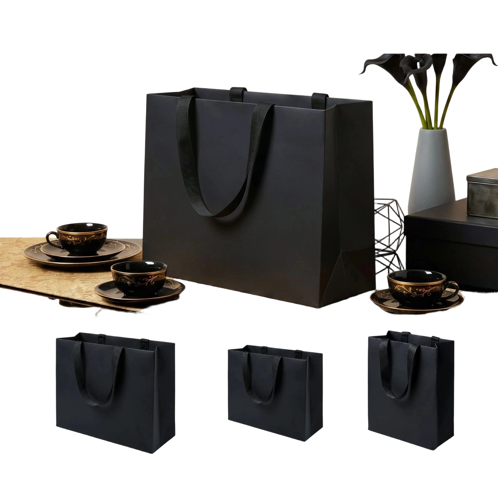 Coated Art Paper Bags-With Thick Nylon Ribbon Handles, Glossy Solid Color Gift Bags For Tea Set Packaging