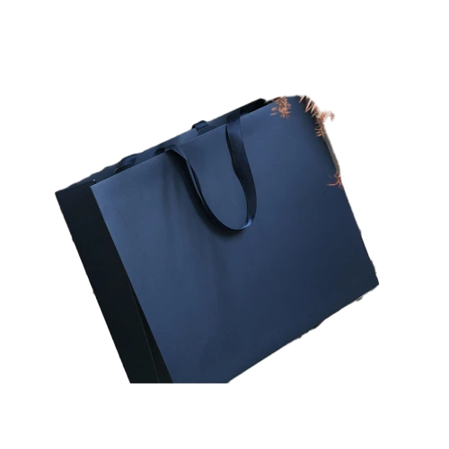 Coated Art Paper Bags-With Wide Satin Ribbon Handles, Matte Black Navy Luxury Gift Bags For Custom Logo Brand Packaging