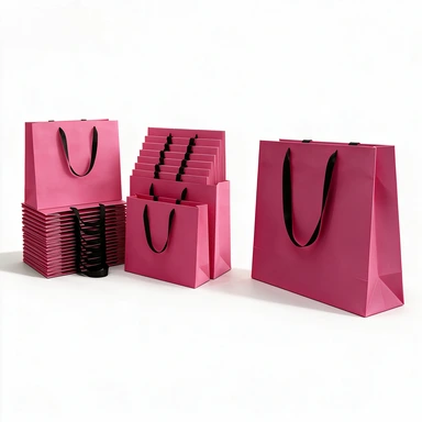 Coated Art Paper Bags-With Black Wide Satin Ribbon Handles, Multi Color Matte Fashion Store Custom Logo Shopping Tote Bags