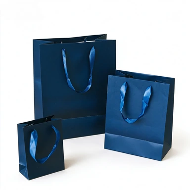 Coated Art Paper Bags-With Matching Navy Blue Satin Ribbon Handles, Multi-size Gloss Dark Blue Gift Shopping Bags For Cosmetic Boutique