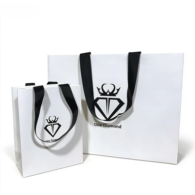 Coated Art Paper Bags-With Black Wide Satin Ribbon Handles, Custom Printed Logo White Gloss Shopping Tote Bags For Fashion Brand