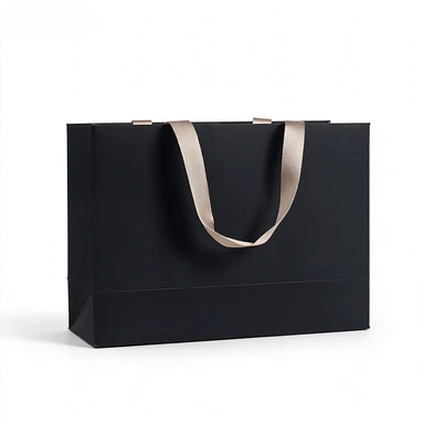 Coated Art Paper Bags are made of thick glossy coated art paper with matching champagne satin ribbon handles and rigid reinforced square bottom. Available in solid red, black, gold, navy and light beige colors. They can be flat folded to cut shipping cost. Custom printed logos and patterns are supported for beauty, clothing and wedding gift bulk wholesale orders.