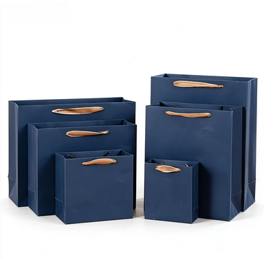 Coated Art Paper Bags-With Die-cut Gold Fabric Patch Handles, Navy Blue Matte Gift Bags For Cosmetic Jewelry Boutique Wholesale