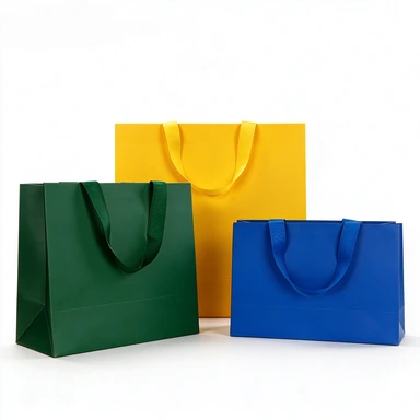 Coated Art Paper Bags-With Matching Wide Satin Ribbon Handles, Glossy Multi-color Luxury Shopping Gift Bags