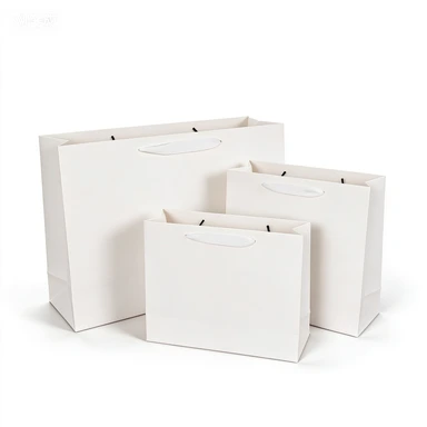 Coated Art Paper Bags-With Die-cut Fabric Patch Handles, Blank White Gloss Gift Bags For Custom Logo Boutique Packaging