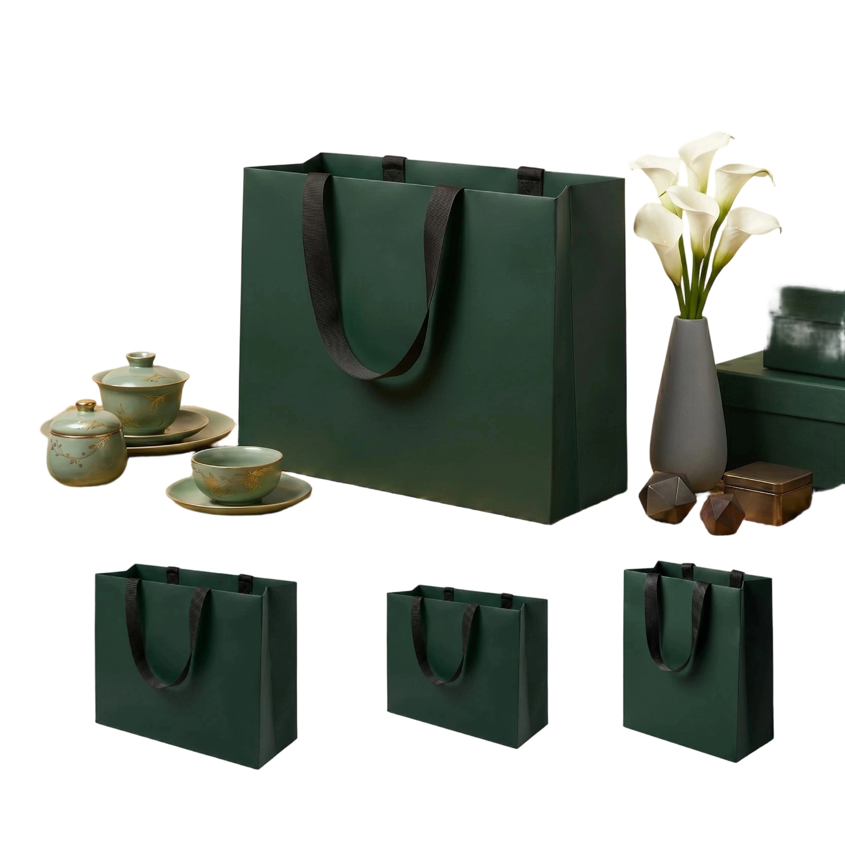 Coated Art Paper Bags-With Thick Nylon Ribbon Handles, Glossy Solid Color Gift Bags For Tea Set Packaging