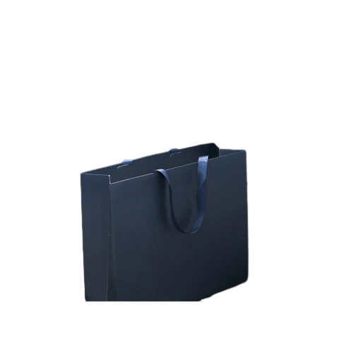 Coated Art Paper Bags-With Wide Satin Ribbon Handles, Matte Black Navy Luxury Gift Bags For Custom Logo Brand Packaging