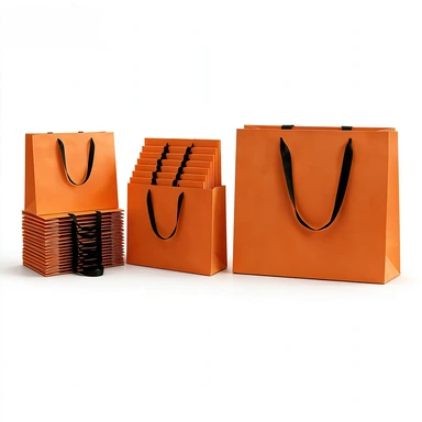 Coated Art Paper Bags-With Black Wide Satin Ribbon Handles, Multi Color Matte Fashion Store Custom Logo Shopping Tote Bags
