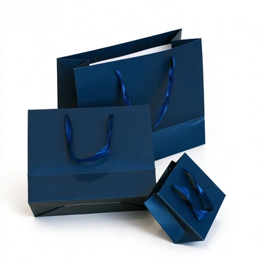 Coated Art Paper Bags-With Matching Navy Blue Satin Ribbon Handles, Multi-size Gloss Dark Blue Gift Shopping Bags For Cosmetic Boutique