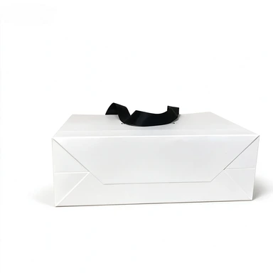 Coated Art Paper Bags-With Black Wide Satin Ribbon Handles, Custom Printed Logo White Gloss Shopping Tote Bags For Fashion Brand