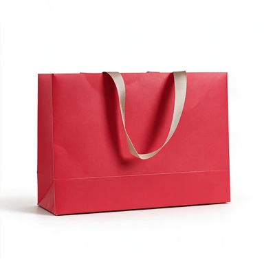 Coated Art Paper Bags are made of thick glossy coated art paper with matching champagne satin ribbon handles and rigid reinforced square bottom. Available in solid red, black, gold, navy and light beige colors. They can be flat folded to cut shipping cost. Custom printed logos and patterns are supported for beauty, clothing and wedding gift bulk wholesale orders.