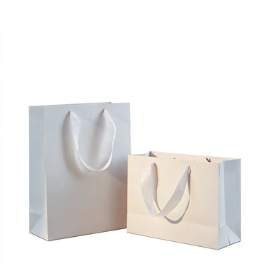 Coated Art Paper Bags-With White Satin Ribbon Handles, Glossy Plain White Luxury Gift Shopping Bags For Custom Logo Print