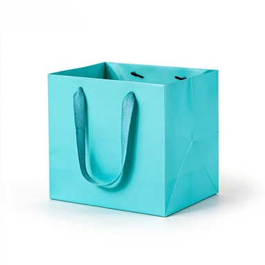 Coated Art Paper Bags-With Matching Satin Ribbon Handles, Square Cube Glossy Gift Bags For Cosmetic Jar Packaging