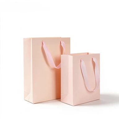 Coated Art Paper Bags-With Matching Pink Satin Ribbon Handles, Light Pink Gloss Gift Bags For Cosmetic Boutique Packaging