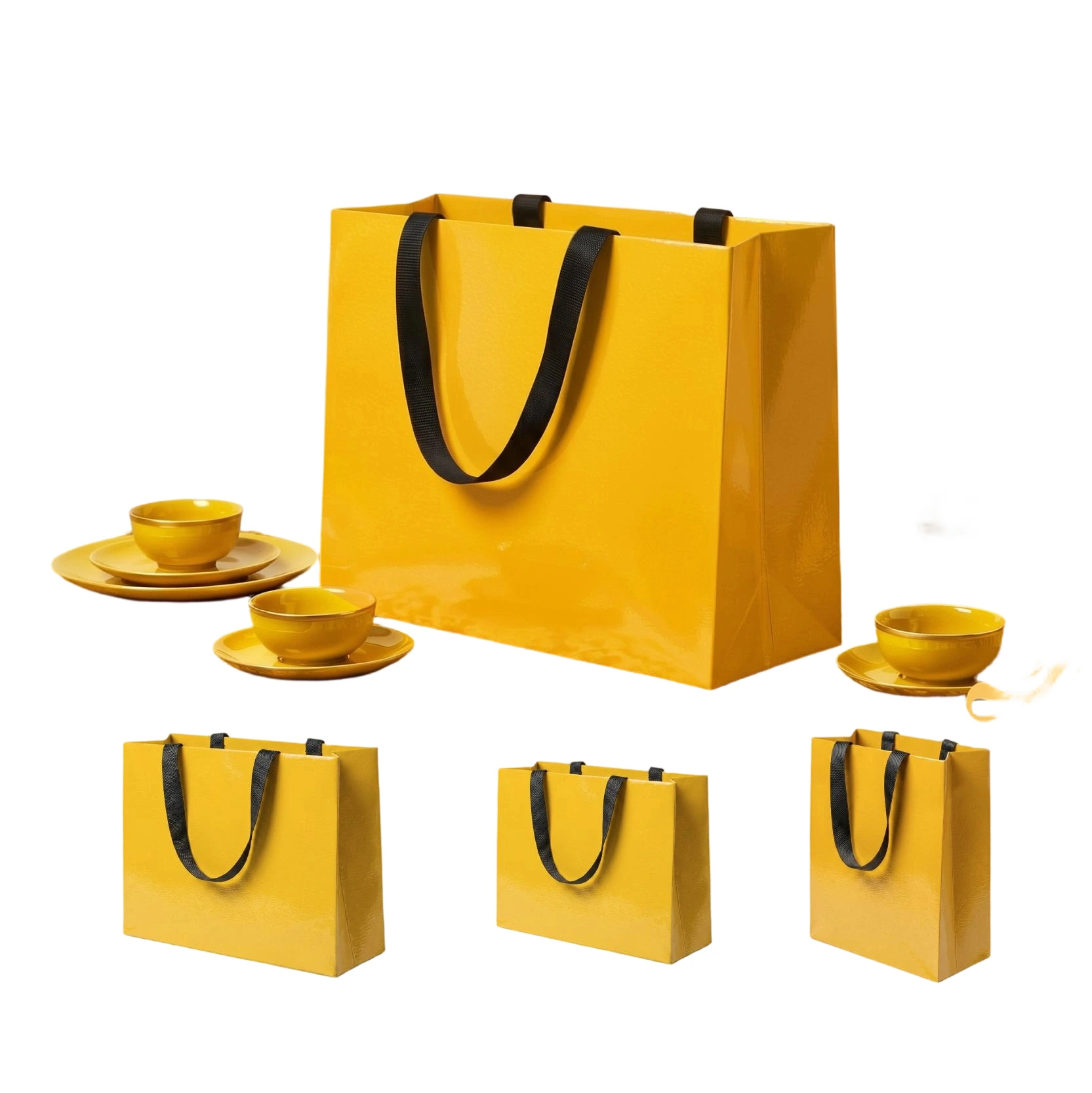 Coated Art Paper Bags-With Thick Nylon Ribbon Handles, Glossy Solid Color Gift Bags For Tea Set Packaging