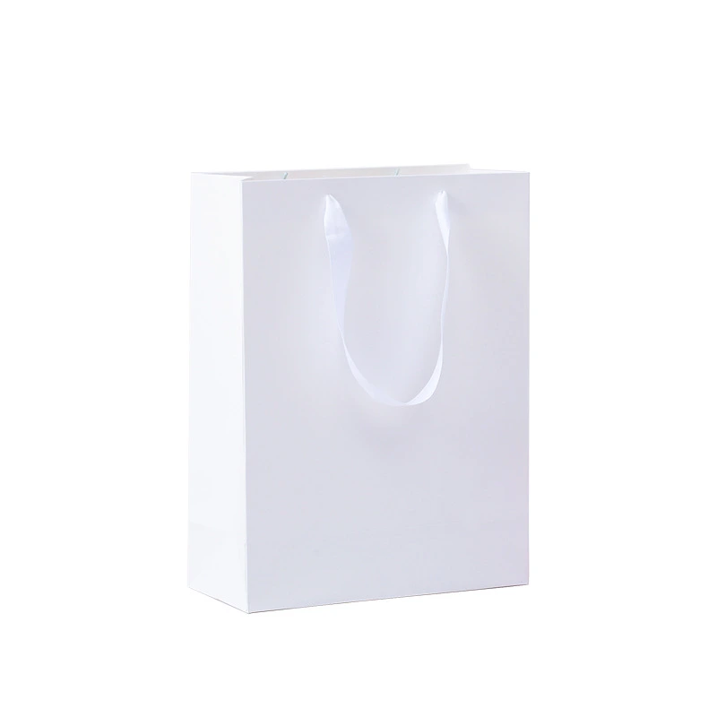 Coated Art Paper Bags-With White Satin Ribbon Handles, Glossy Plain White Luxury Gift Shopping Bags For Custom Logo Print