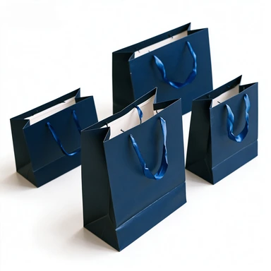Coated Art Paper Bags-With Matching Navy Blue Satin Ribbon Handles, Multi-size Gloss Dark Blue Gift Shopping Bags For Cosmetic Boutique