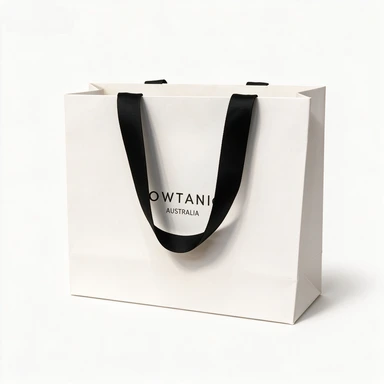 Coated Art Paper Bags-With Black Wide Satin Ribbon Handles, Custom Printed Logo White Gloss Shopping Tote Bags For Fashion Brand
