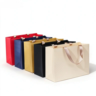 Coated Art Paper Bags are made of thick glossy coated art paper with matching champagne satin ribbon handles and rigid reinforced square bottom. Available in solid red, black, gold, navy and light beige colors. They can be flat folded to cut shipping cost. Custom printed logos and patterns are supported for beauty, clothing and wedding gift bulk wholesale orders.
