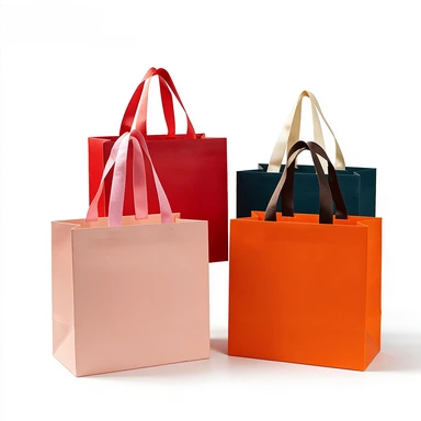 Coated Art Paper Bags-With Wide Satin Ribbon Handles, Glossy Solid Color Square Gift Bags For Boutique Shopping