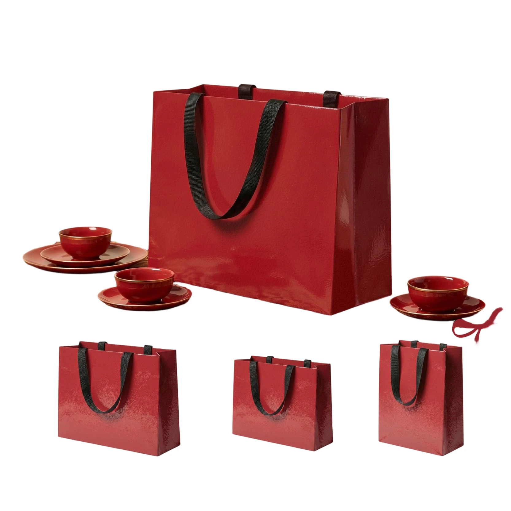 Coated Art Paper Bags-With Thick Nylon Ribbon Handles, Glossy Solid Color Gift Bags For Tea Set Packaging