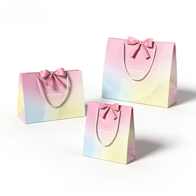 Coated Art Paper Bags-With Twisted Rope & Bow Satin Handles, Full Printed Floral Gradient Gift Bags For Birthday Holiday Packaging