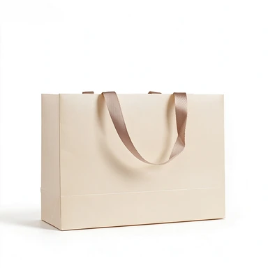 Coated Art Paper Bags are made of thick glossy coated art paper with matching champagne satin ribbon handles and rigid reinforced square bottom. Available in solid red, black, gold, navy and light beige colors. They can be flat folded to cut shipping cost. Custom printed logos and patterns are supported for beauty, clothing and wedding gift bulk wholesale orders.