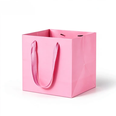 Coated Art Paper Bags-With Matching Satin Ribbon Handles, Square Cube Glossy Gift Bags For Cosmetic Jar Packaging