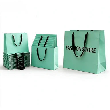 Coated Art Paper Bags-With Black Wide Satin Ribbon Handles, Multi Color Matte Fashion Store Custom Logo Shopping Tote Bags