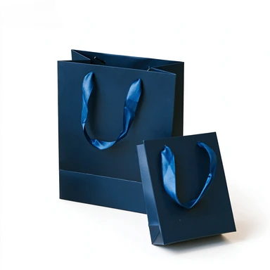 Coated Art Paper Bags-With Matching Navy Blue Satin Ribbon Handles, Multi-size Gloss Dark Blue Gift Shopping Bags For Cosmetic Boutique