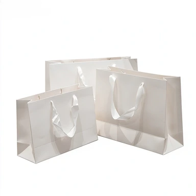 Coated Art Paper Bags-With White Satin Ribbon Handles, Glossy Plain White Luxury Gift Shopping Bags For Custom Logo Print