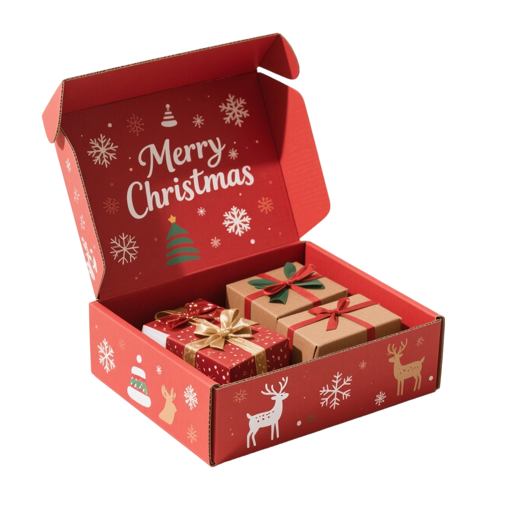 Custom Corrugated Boxes - Red White Foldable Mailer Boxes Custom Christmas Santa Snowflake Print For Holiday Gift Shipping Packaging