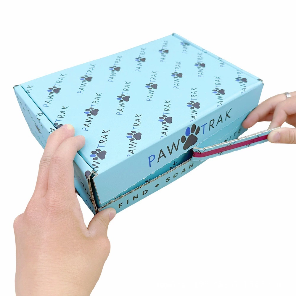 Custom Corrugated Boxes - Light Blue Zip Tear Strip Mailer Boxes Full Paw Print Custom Logo For Pet Goods Shipping Packaging