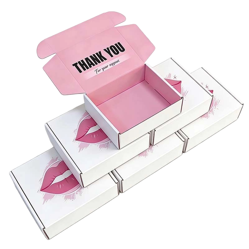 Custom Corrugated Boxes - White Exterior Pink Liner Mailer Boxes With Lips Art Print For Cosmetic Lip Product Shipping Packaging