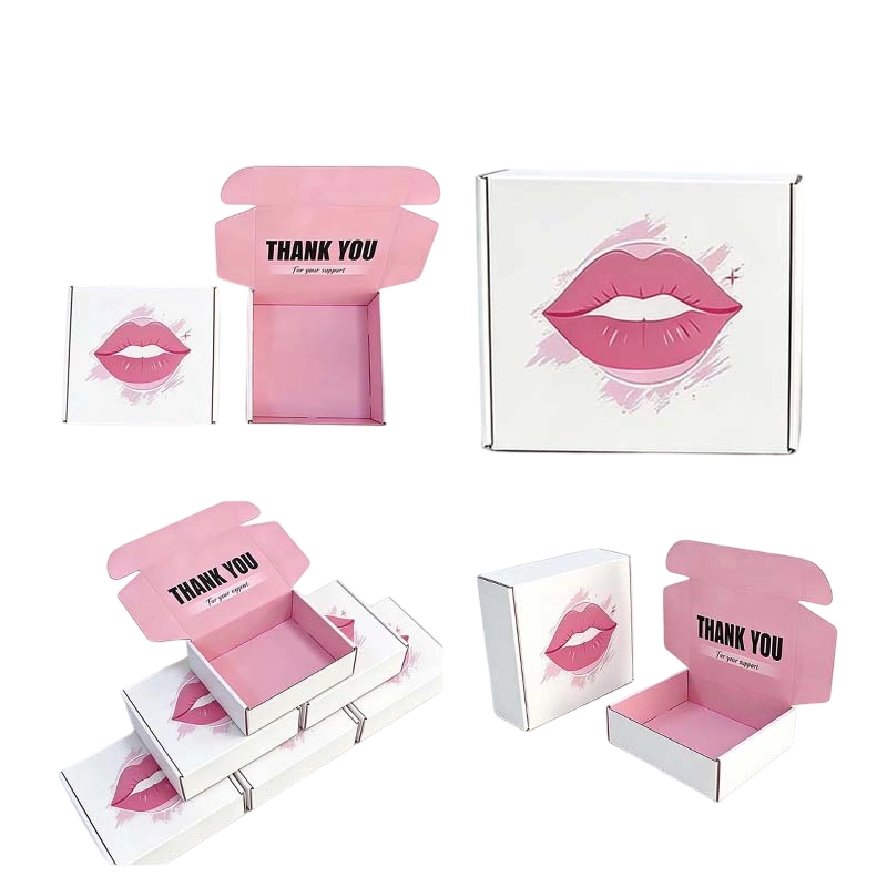 Custom Corrugated Boxes - White Exterior Pink Liner Mailer Boxes With Lips Art Print For Cosmetic Lip Product Shipping Packaging