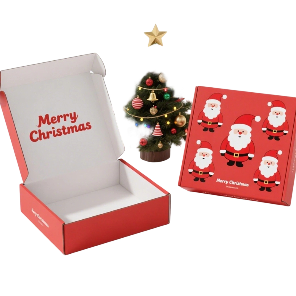 Custom Corrugated Boxes - Red White Foldable Mailer Boxes Custom Christmas Santa Snowflake Print For Holiday Gift Shipping Packaging