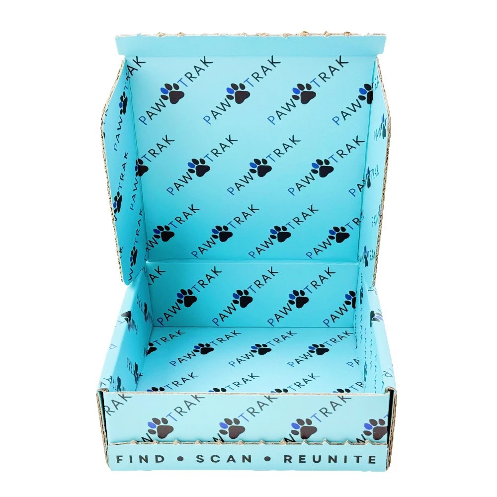 Custom Corrugated Boxes - Light Blue Zip Tear Strip Mailer Boxes Full Paw Print Custom Logo For Pet Goods Shipping Packaging