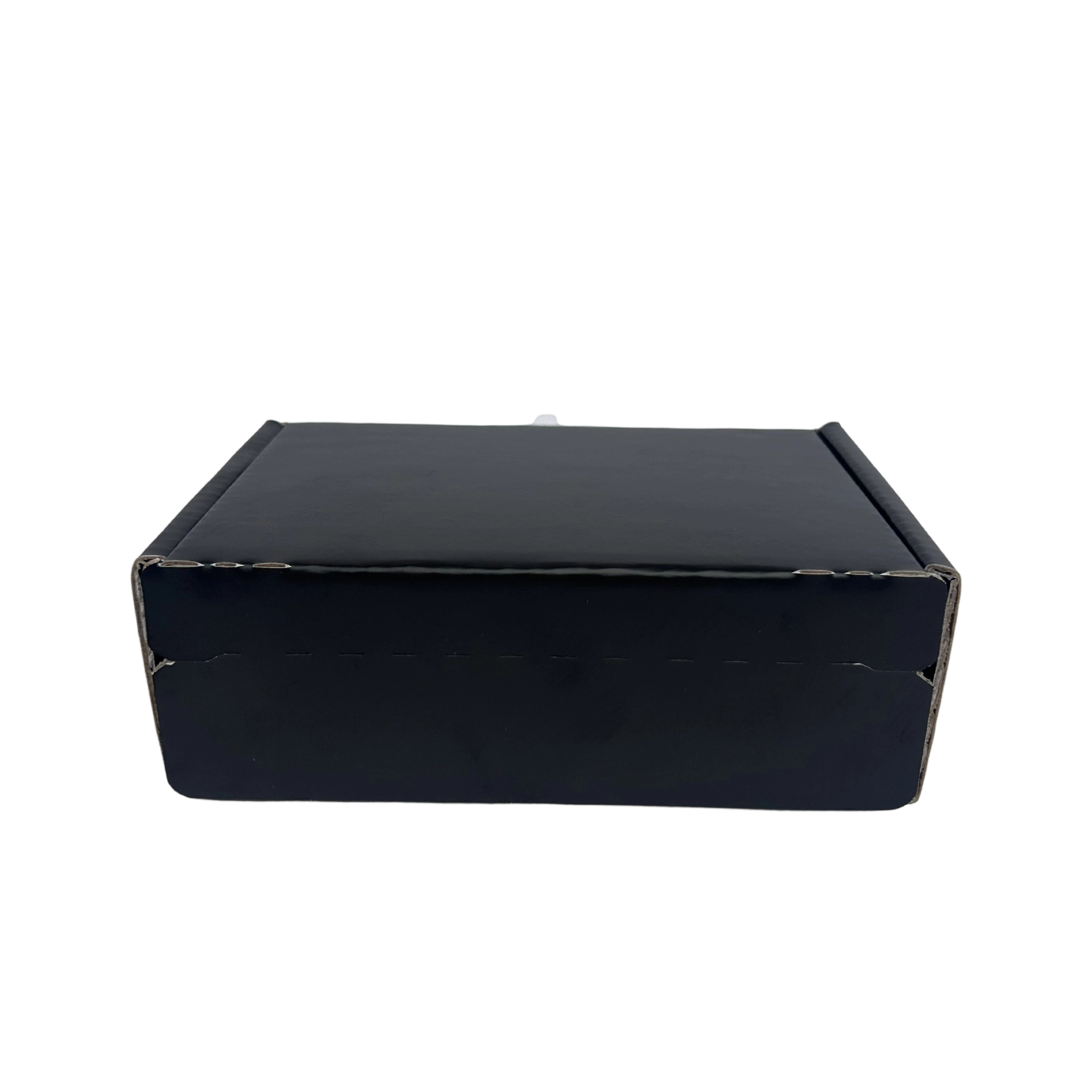 These solid matte black custom corrugated mailer boxes adopt integrated self-adhesive tear strip for tape-free sealing, with black inner liner. Foldable flat design reduces storage and shipping cost, snap lock structure for easy assembly. Support full custom logo and graphic printing, ideal for high-end cosmetics, electronics and premium small goods e-commerce shipping.