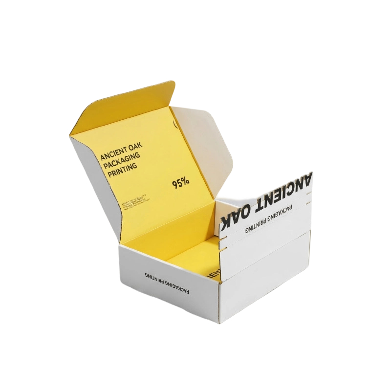Custom Corrugated Boxes - White Exterior Yellow Liner Foldable Mailer Boxes Custom Double Side Text Printing For Brand Shipping