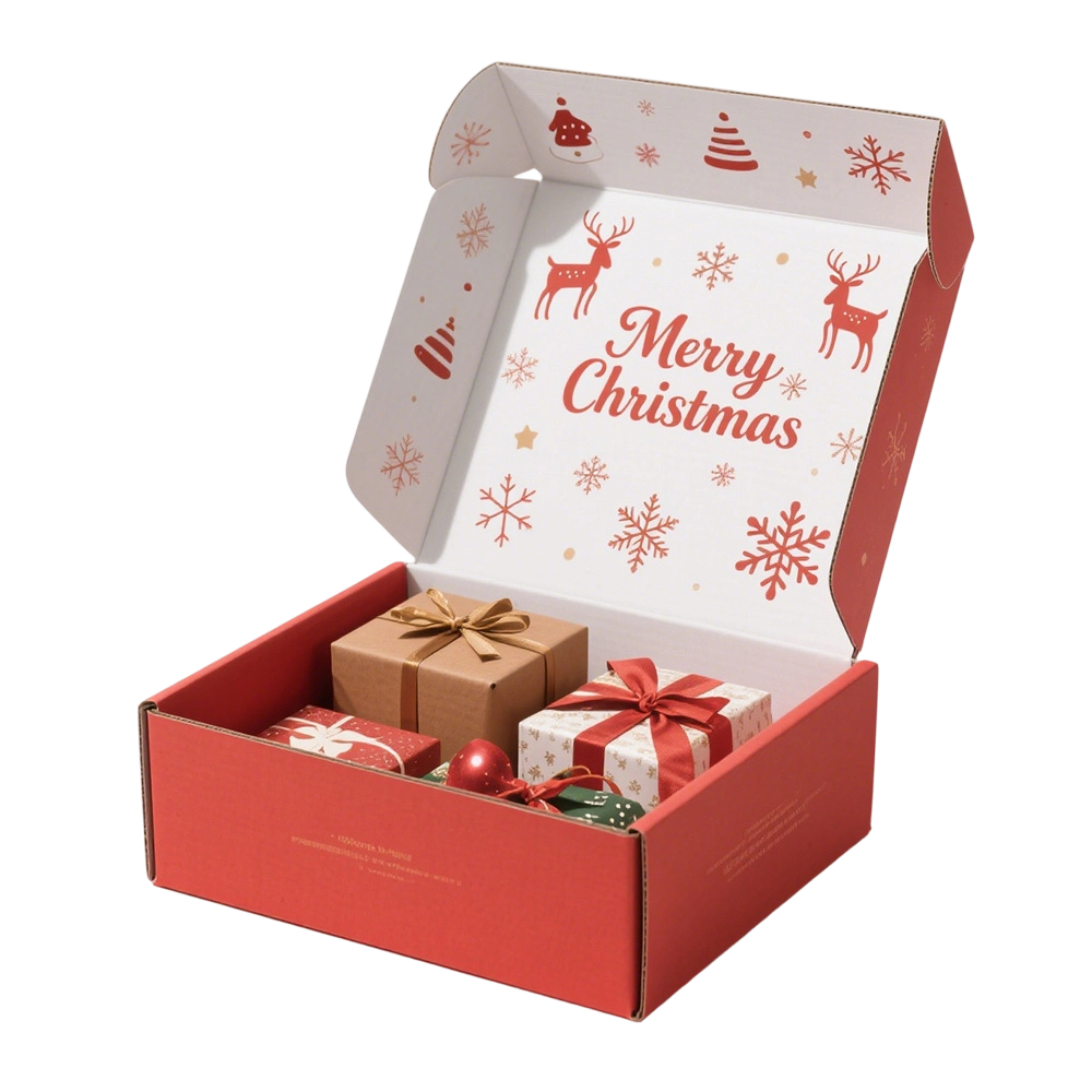 Custom Corrugated Boxes - Red White Foldable Mailer Boxes Custom Christmas Santa Snowflake Print For Holiday Gift Shipping Packaging