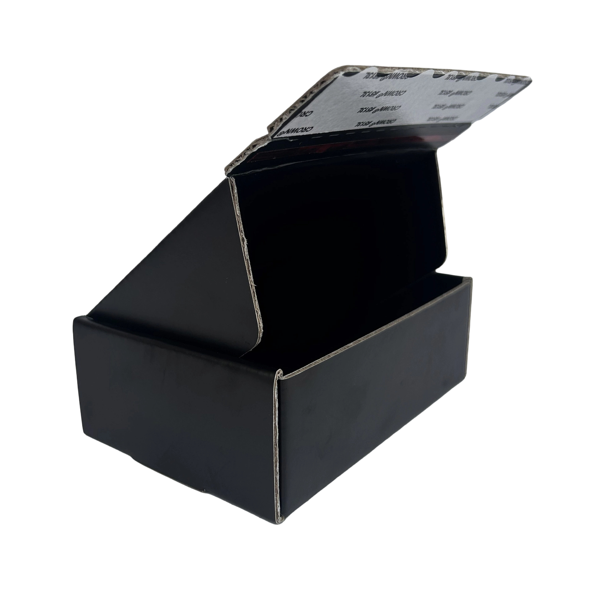 These solid matte black custom corrugated mailer boxes adopt integrated self-adhesive tear strip for tape-free sealing, with black inner liner. Foldable flat design reduces storage and shipping cost, snap lock structure for easy assembly. Support full custom logo and graphic printing, ideal for high-end cosmetics, electronics and premium small goods e-commerce shipping.