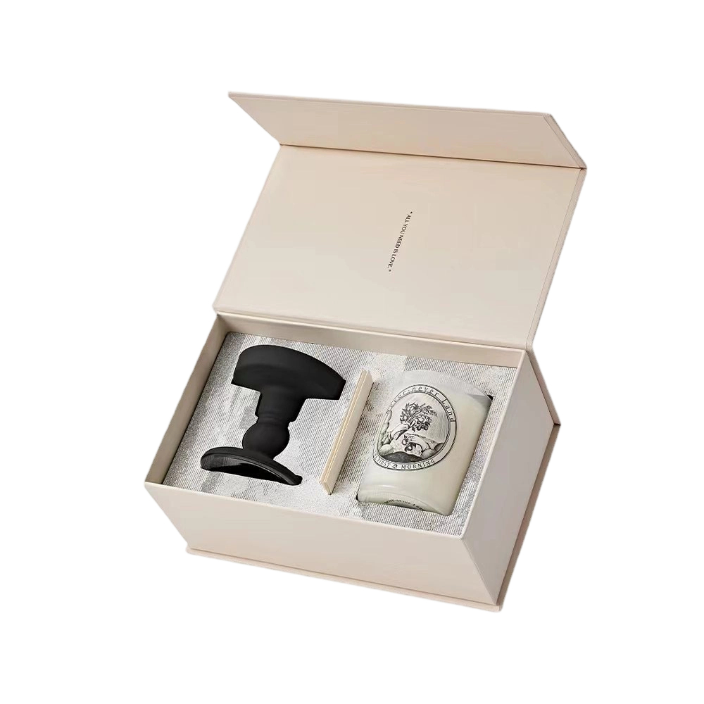 Custom Rigid Box - Magnetic Closure Cream Gift Box With Custom Flocked EVA Insert For Scented Candle Diffuser Set