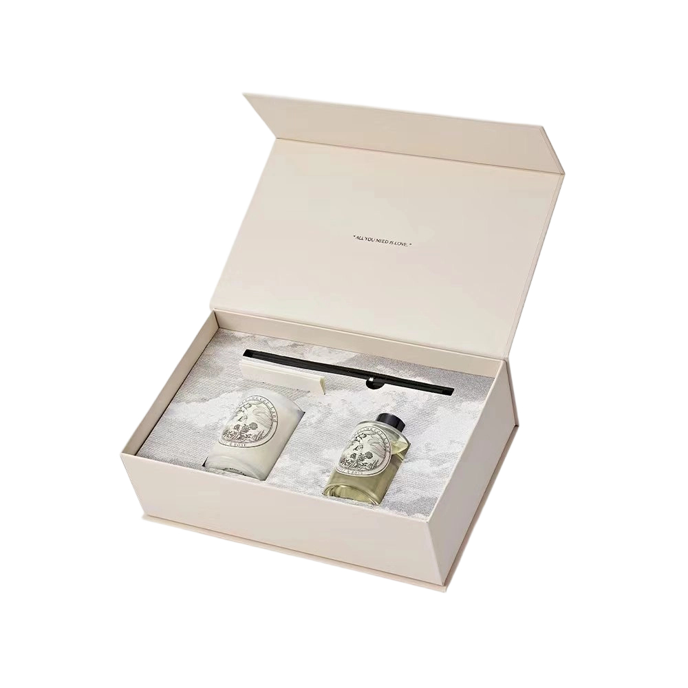 Custom Rigid Box - Magnetic Closure Cream Gift Box With Custom Flocked EVA Insert For Scented Candle Diffuser Set